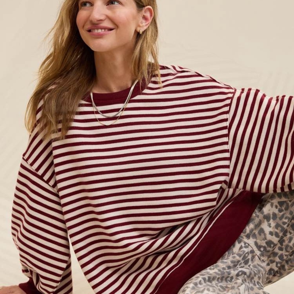 NWT Aerie Burgundy and White Striped Sweater - Picture 1 of 4